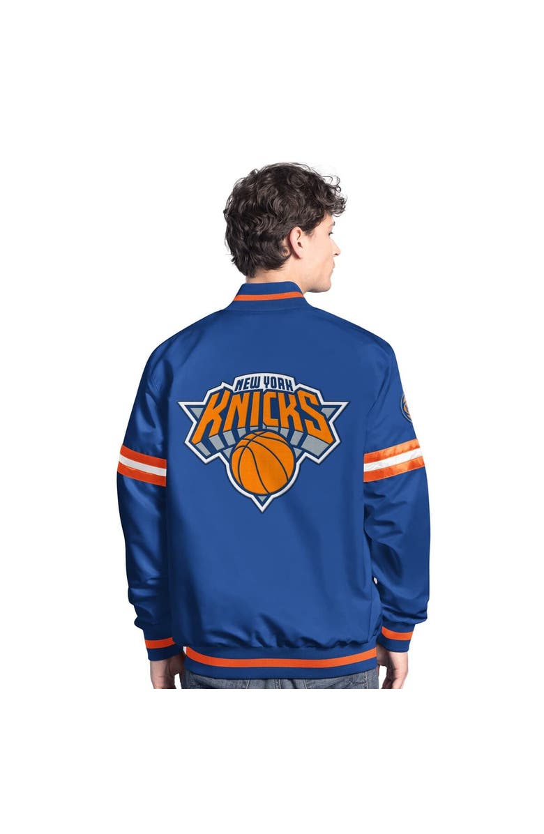 STARTER Men's Starter Blue/Orange New York Knicks Scout Full Snap Varsity Jacket, Alternate, color, Blue