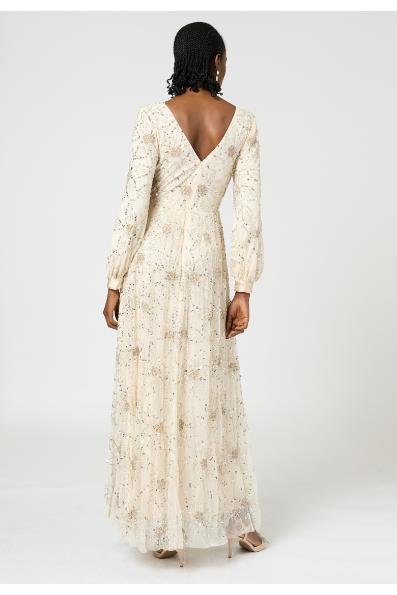 Embellished Sequin Beaded Maxi Dress with cuff sleeves, Alternate, color, CREAM