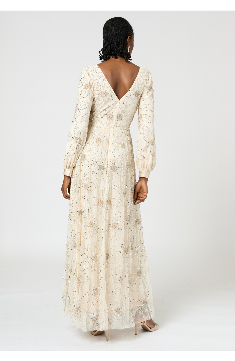 BEAUUT Embellished Sequin Beaded Maxi Dress with cuff sleeves, Alternate, color, Cream
