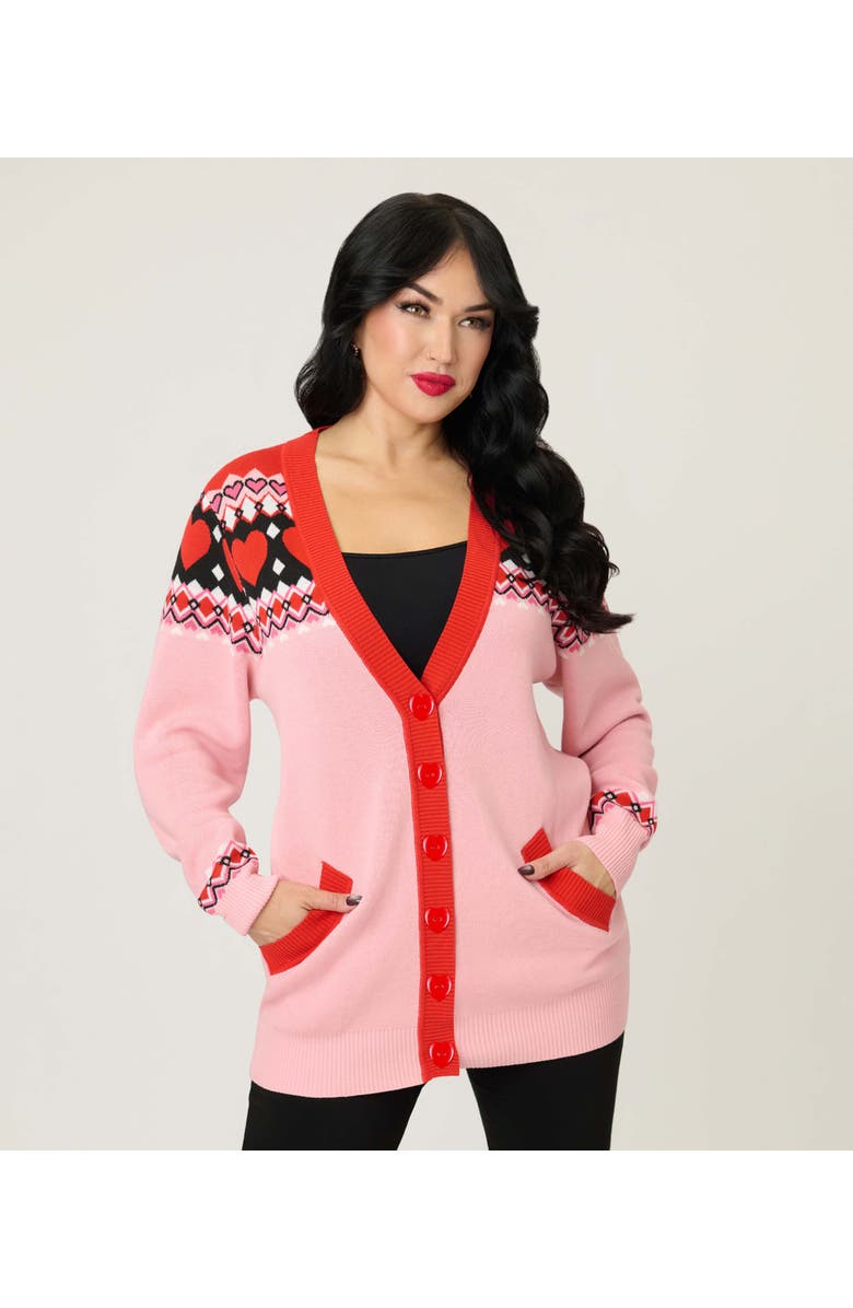 Unique Vintage Printed Knit Long Cardigan, Alternate, color, Pink Fair Isle Print