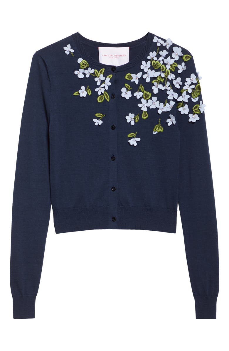 Carolina Herrera Floral Appliqué Silk & Cotton Cardigan, Alternate, color, Midnight