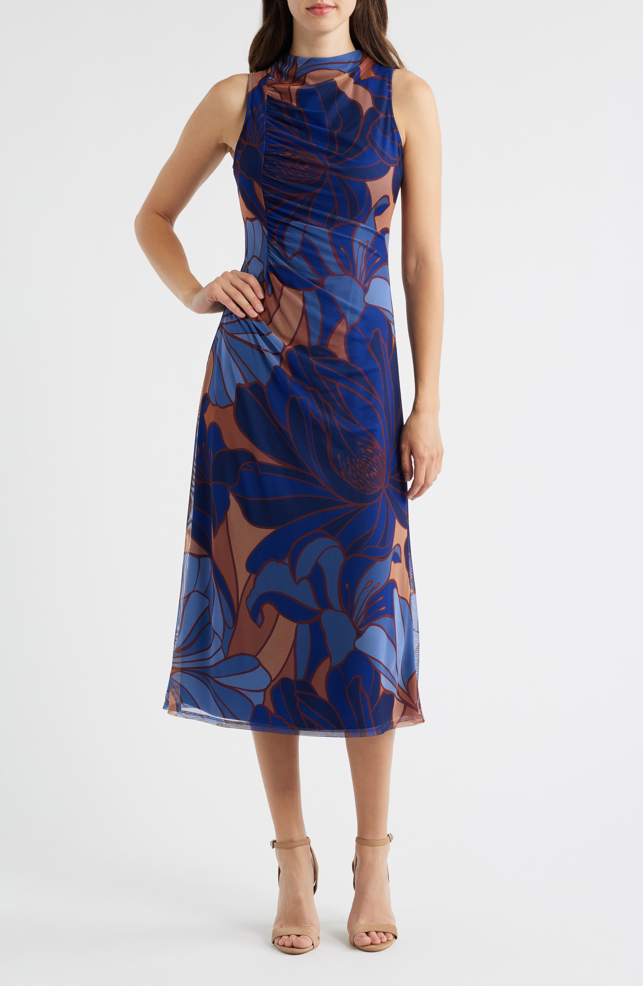 Vince Camuto Floral Sleeveless Mesh Midi Dress