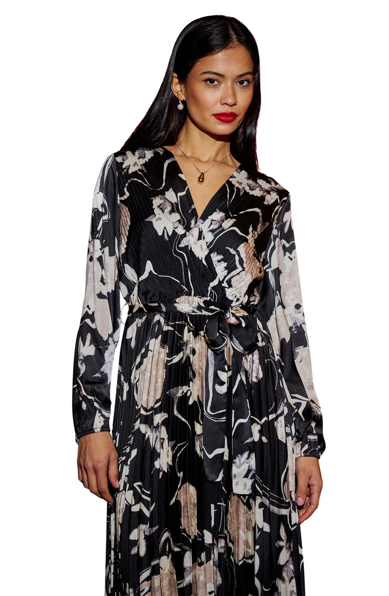 Yumi Floral Satin Long Sleeve Midi Dress, Alternate, color, Black