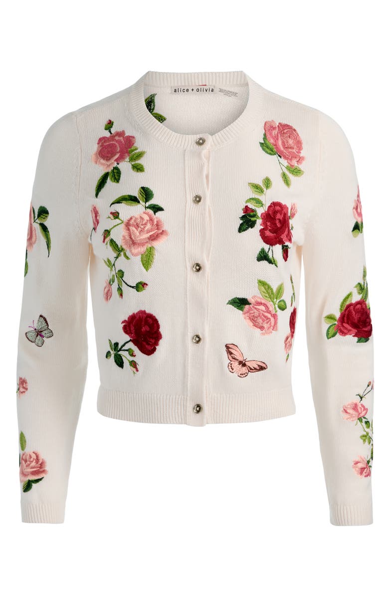 Alice + Olivia Dollie Embroidered Cotton & Linen Blend Cardigan, Alternate, color, Garden Gossip Off White