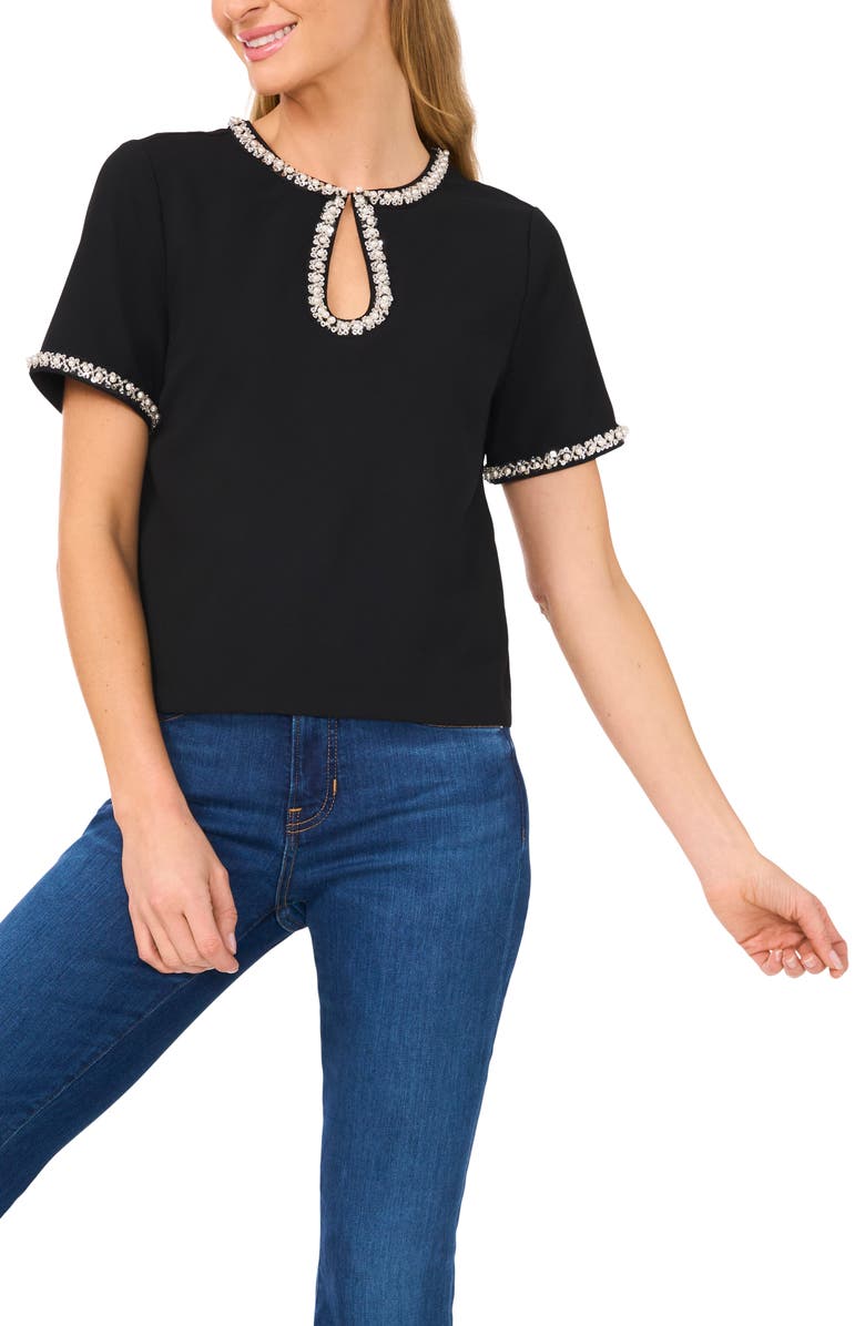 CeCe Rhinestone & Faux Pearl Keyhole Neck Short Sleeve Crepe Top, Main, color, 