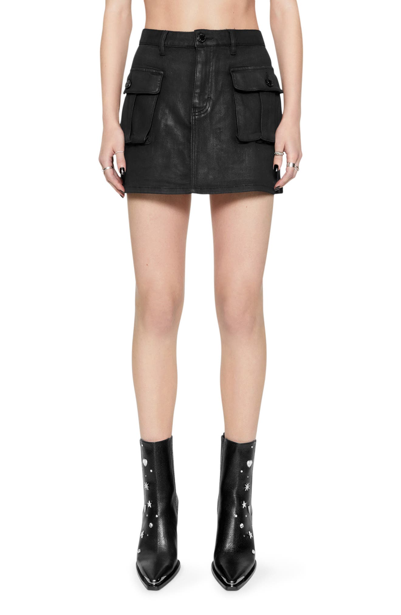Jodie Coated Denim Cargo Miniskirt