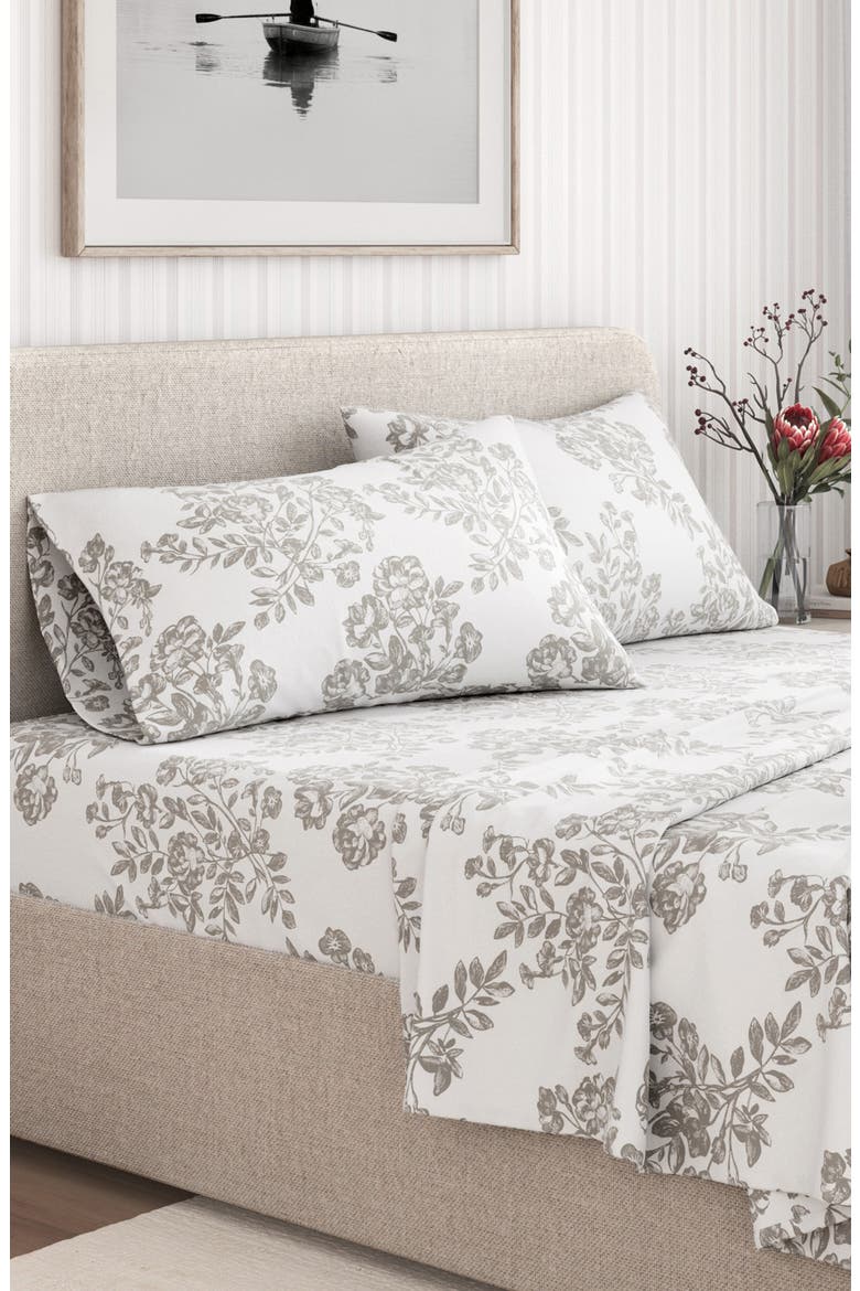 Turkish Cotton Flannel Winter Floral Sheet Set, Alternate, color, TOILE - GREY