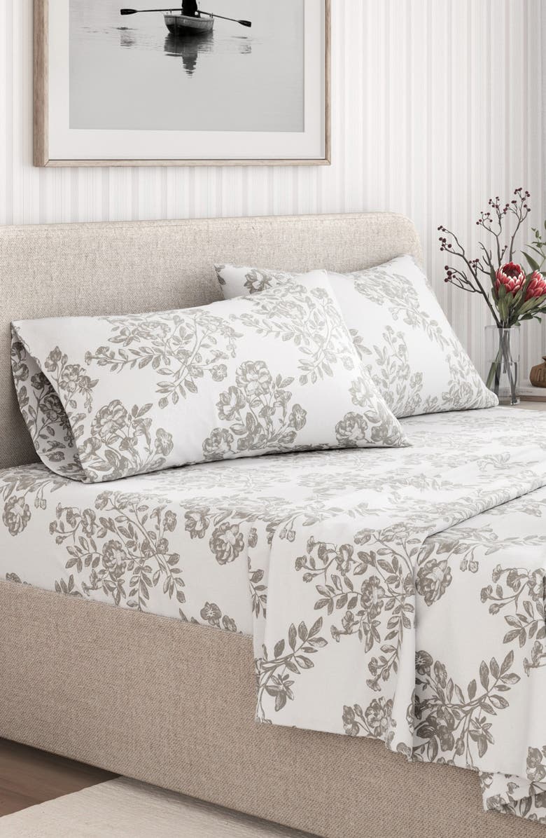 Woven & Weft Turkish Cotton Flannel Winter Floral Sheet Set, Alternate, color, Toile - Grey