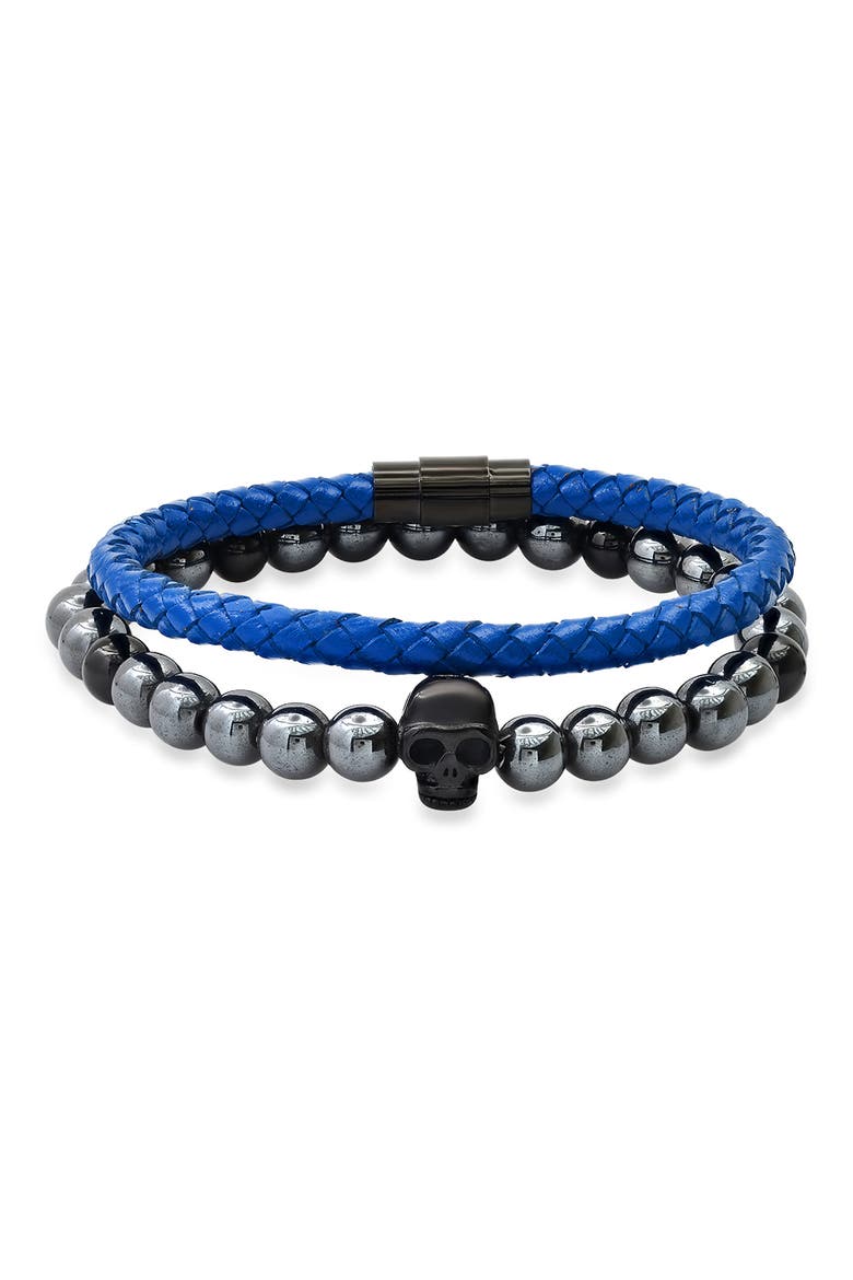 Set of 2 Hematite Beaded & Braided Leather Bracelets, Main, color, GRAY-BLACK-BLUE