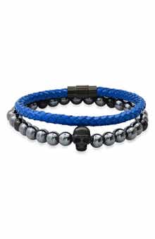 HMY JEWELRY Set of 2 Hematite Beaded & Braided Leather Bracelets