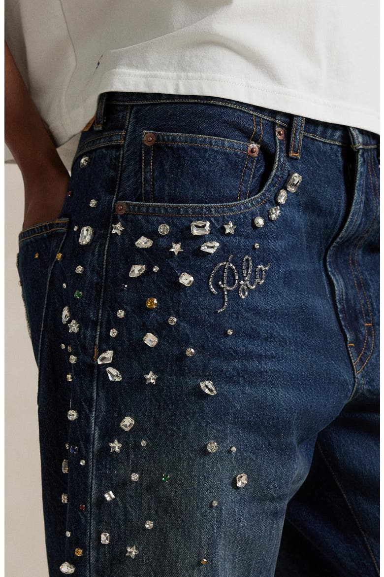 Rhinestone Embellished High Waist Relaxed Straight Leg Jeans, Alternate, color, LUGO WASH