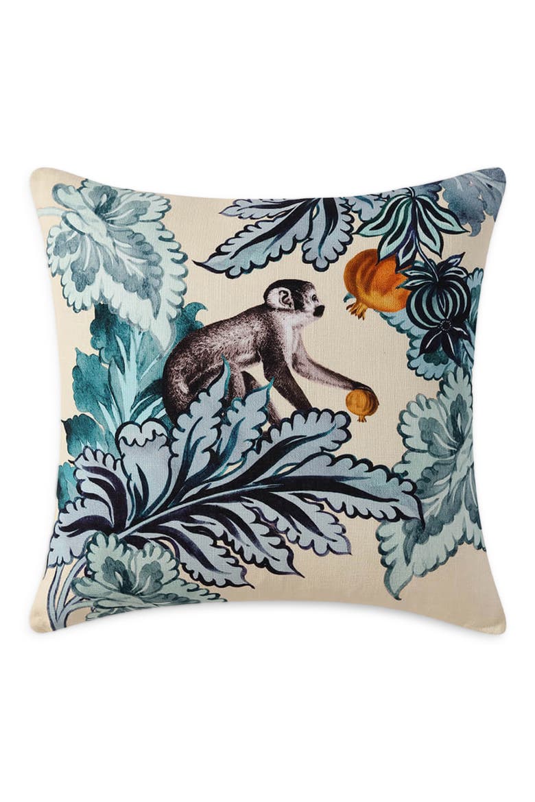 Damasc Monkey Throw Pillow, Main, color, SLATE GREY