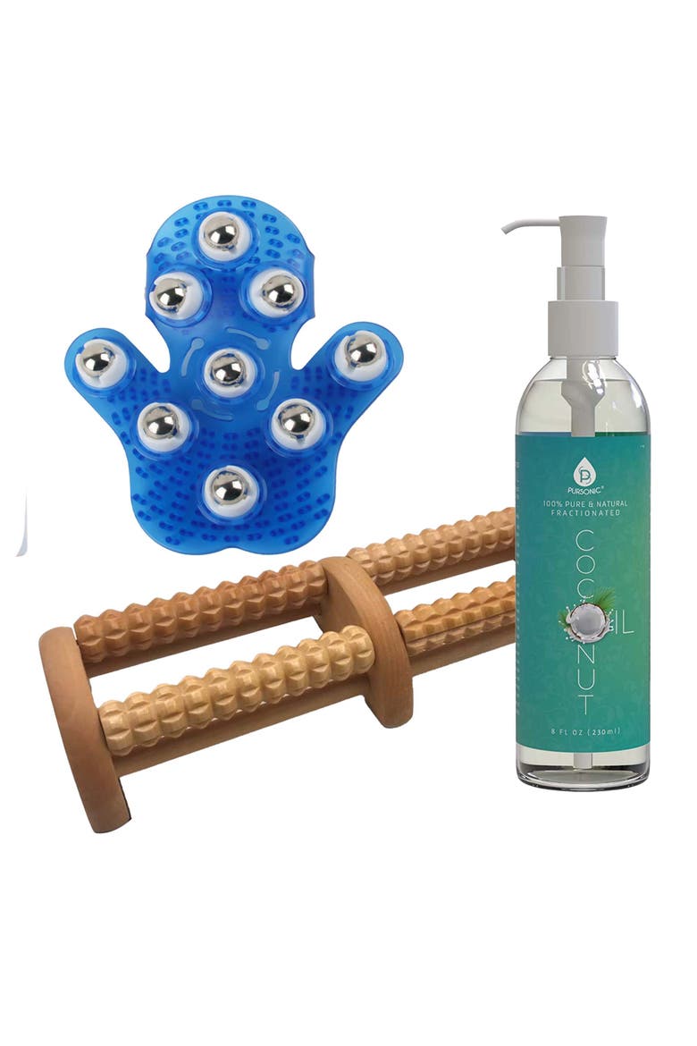 Palm Massage Glove, Wood Foot Massager, & Coconut Oil, Main, color, Multicolor