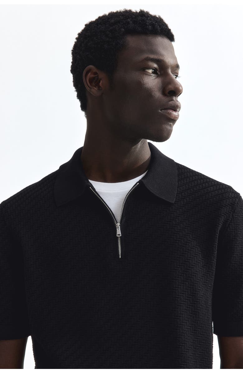 H&M Slim Fit Textured Polo Shirt, Alternate, color, Black