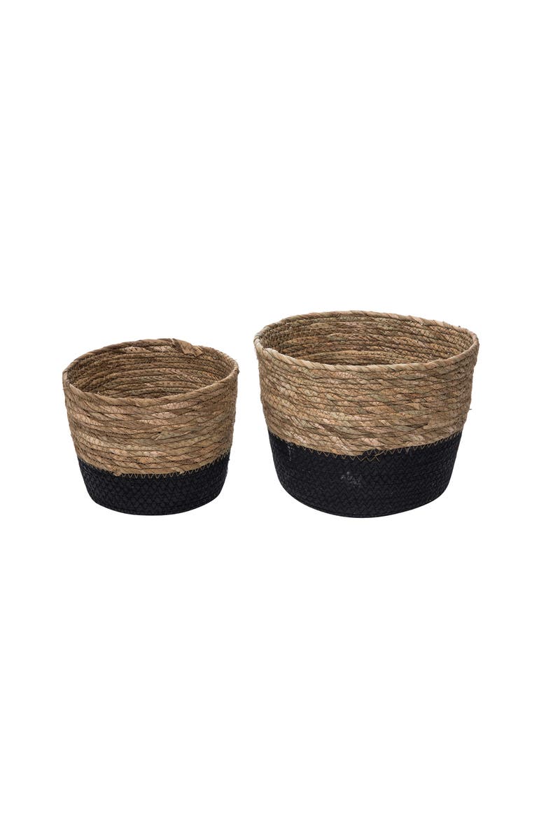 Set of 2 Large Black and Natural Cattail Decorative Storage Baskets, Main, color, Black