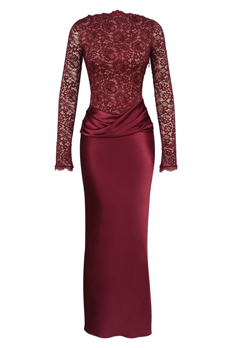Yasmeen Long Sleeve Lace & Satin Gown, Alternate, color, CABERNET