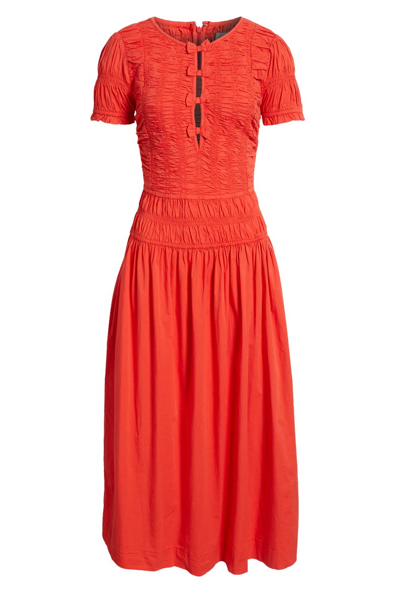 Smocked Drop Waist Stretch Organic Cotton Midi Dress, Alternate, color, RED