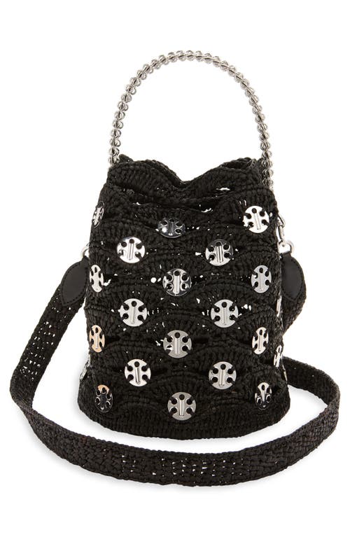 Rabanne Disc Raffia Bucket Bag In Black/silver