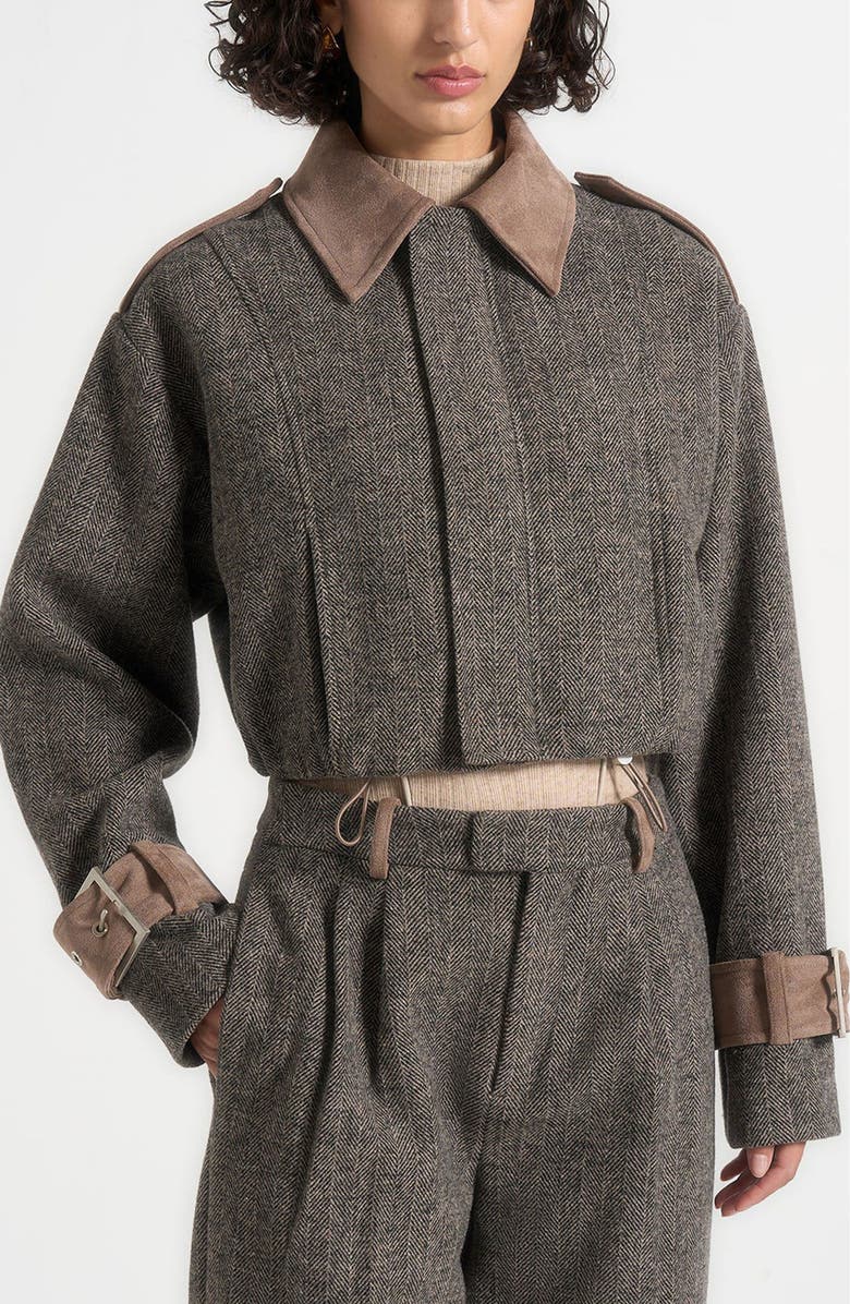Manière De Voir Galia Herringbone and Suede Bungee Hem Jacket, Alternate, color, Grey