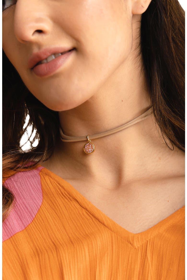 Druzy Charm Leather Choker Necklace, Alternate, color, TAUPE