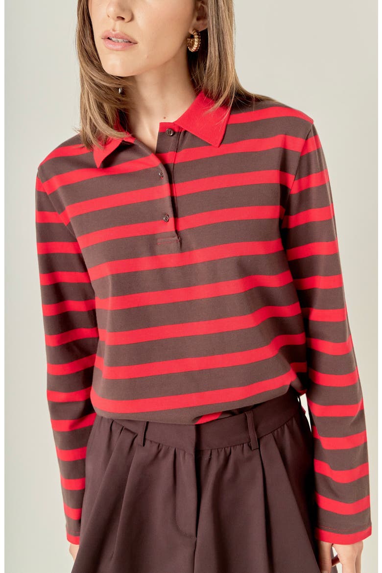 Striped Long Sleeve Polo Knit Top, Alternate, color, BROWN/ RED