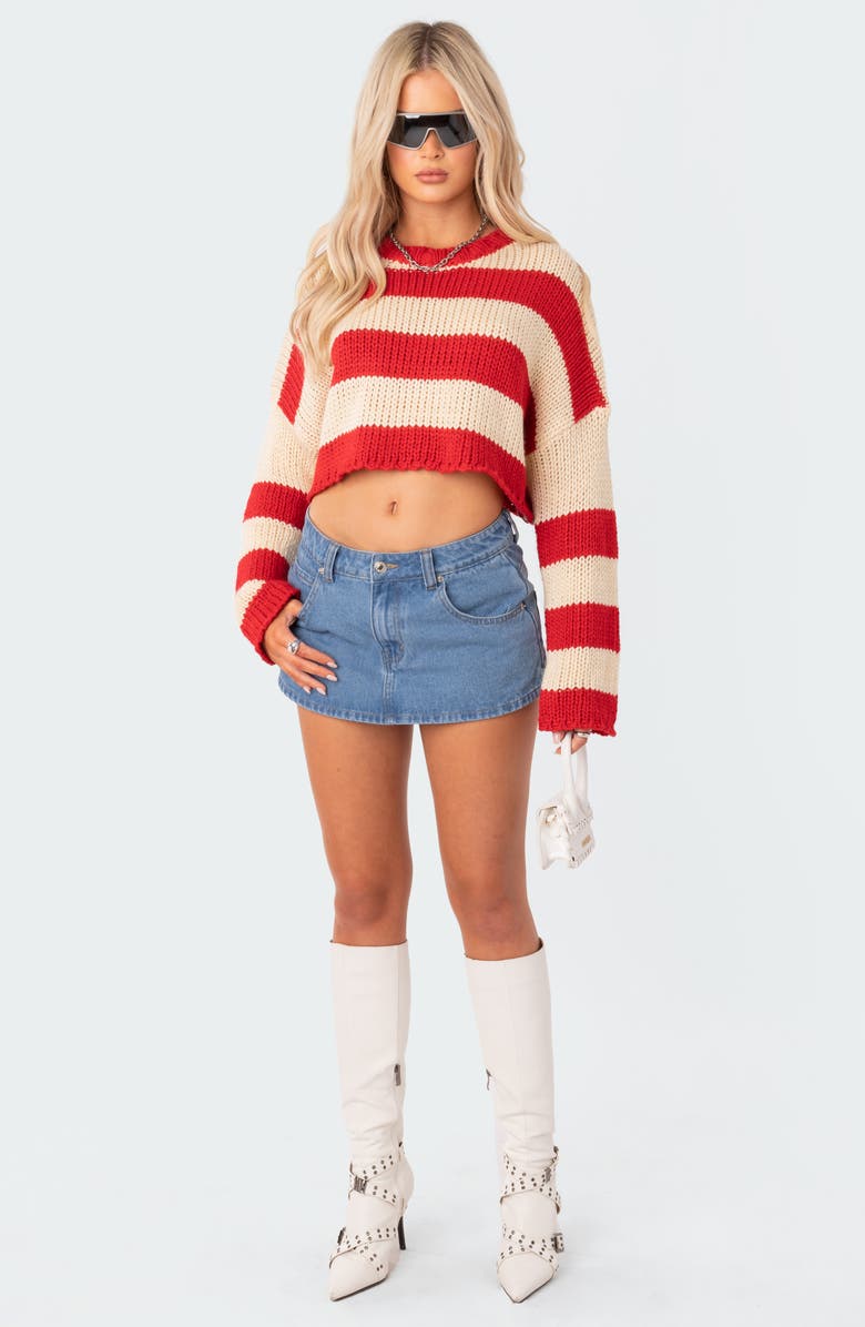 EDIKTED Ozzy Stripe Crop Sweater, Alternate, color, Red