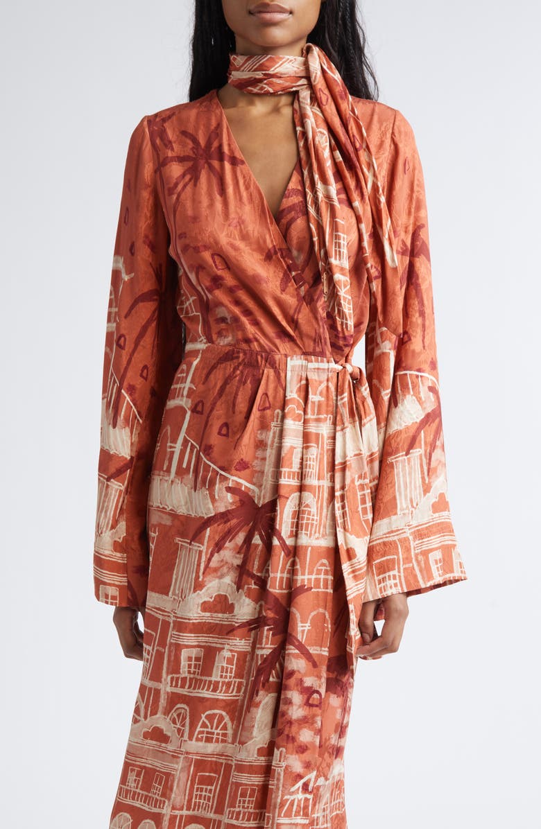 Johanna Ortiz Ollantay Tropical Jacquard Long Sleeve Wrap Dress, Alternate, color, Marsala / Ecru