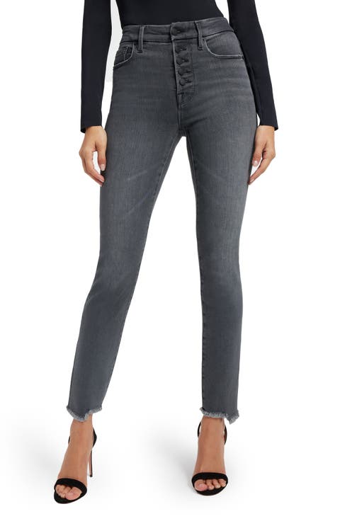 Good Legs Exposed Button Frayed Ankle Cigarette Jeans (Black 214) (Regular & Plus)