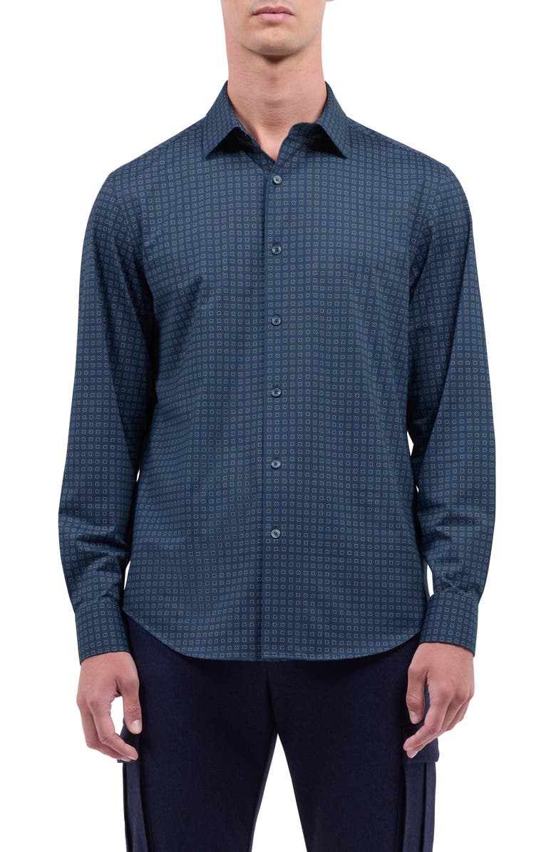 Bugatchi James OoohCotton<sup>®</sup> Geo Button-Up Shirt, Main, color, Peacock
