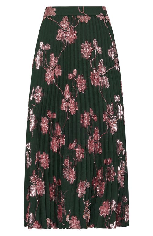 Shop Milly Rayla Sequin Flower Pleated Midi Skirt In Dark Green Pink