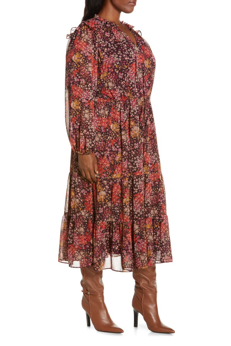 Tiered Long Sleeve Tie Waist Dress, Alternate, color, BROWN MULTI