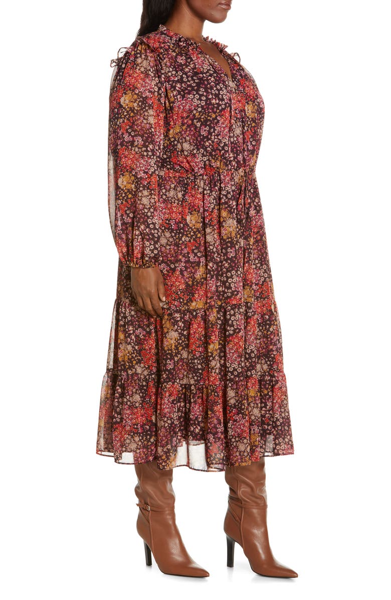 Julia Jordan Tiered Long Sleeve Tie Waist Dress, Alternate, color, Brown Multi