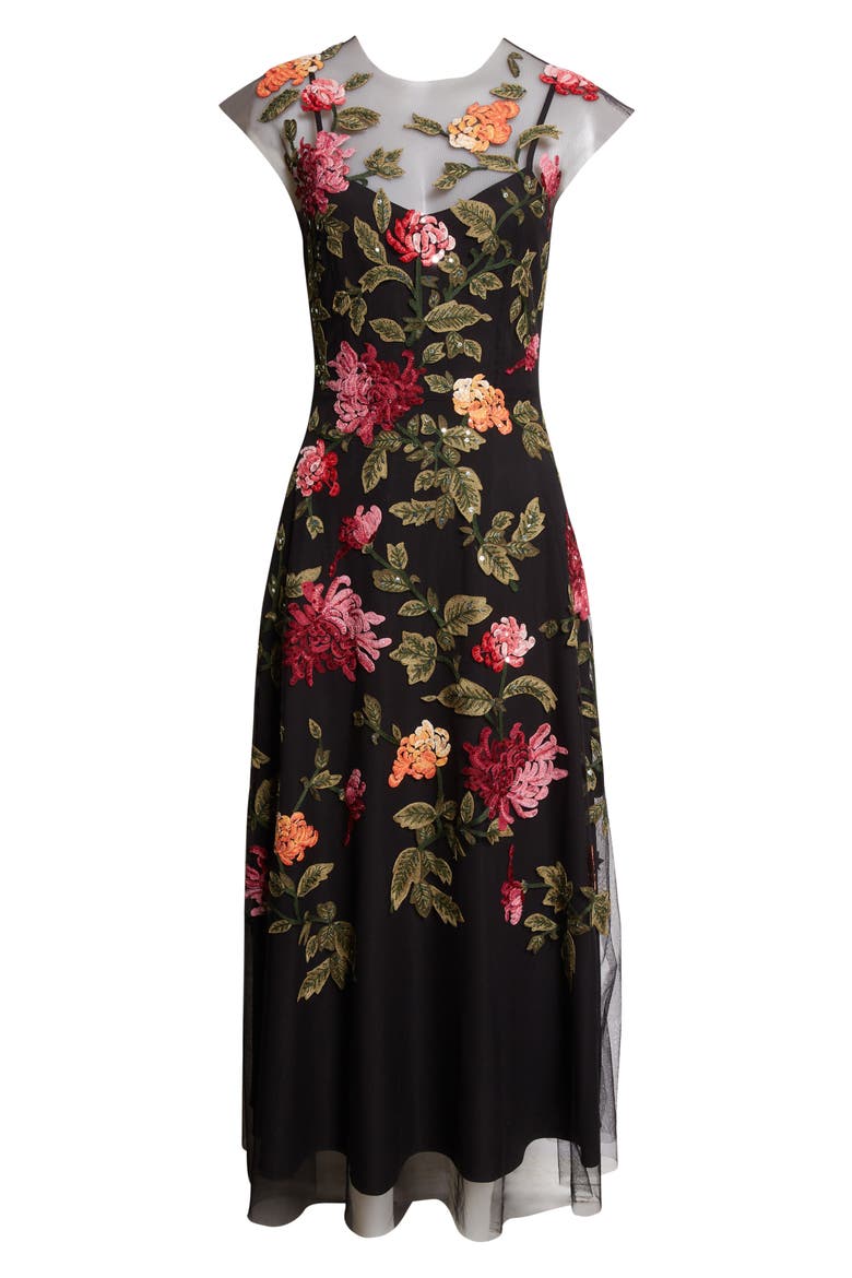 Chrysanthemum Embroidered Tulle Overlay Midi Dress, Alternate, color, BLACK MULTI