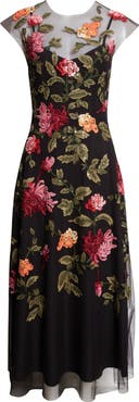 Carolina Herrera Chrysanthemum Embroidered Tulle Overlay Midi Dress