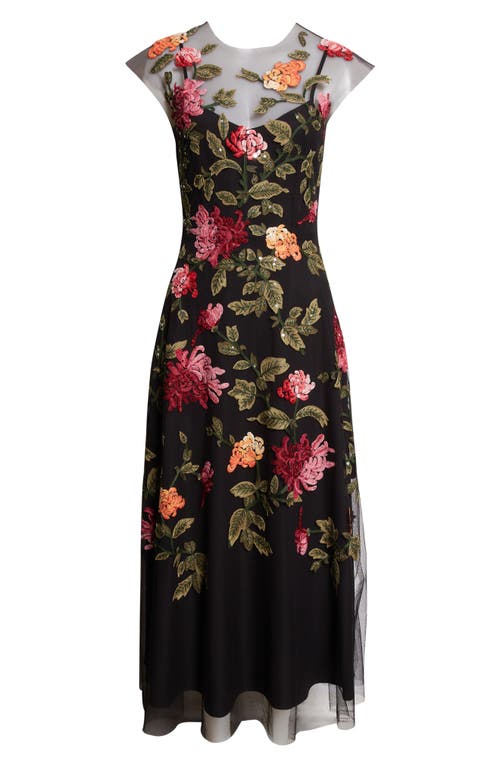 Carolina Herrera Chrysanthemum Embroidered Tulle Overlay Midi Dress In Multi