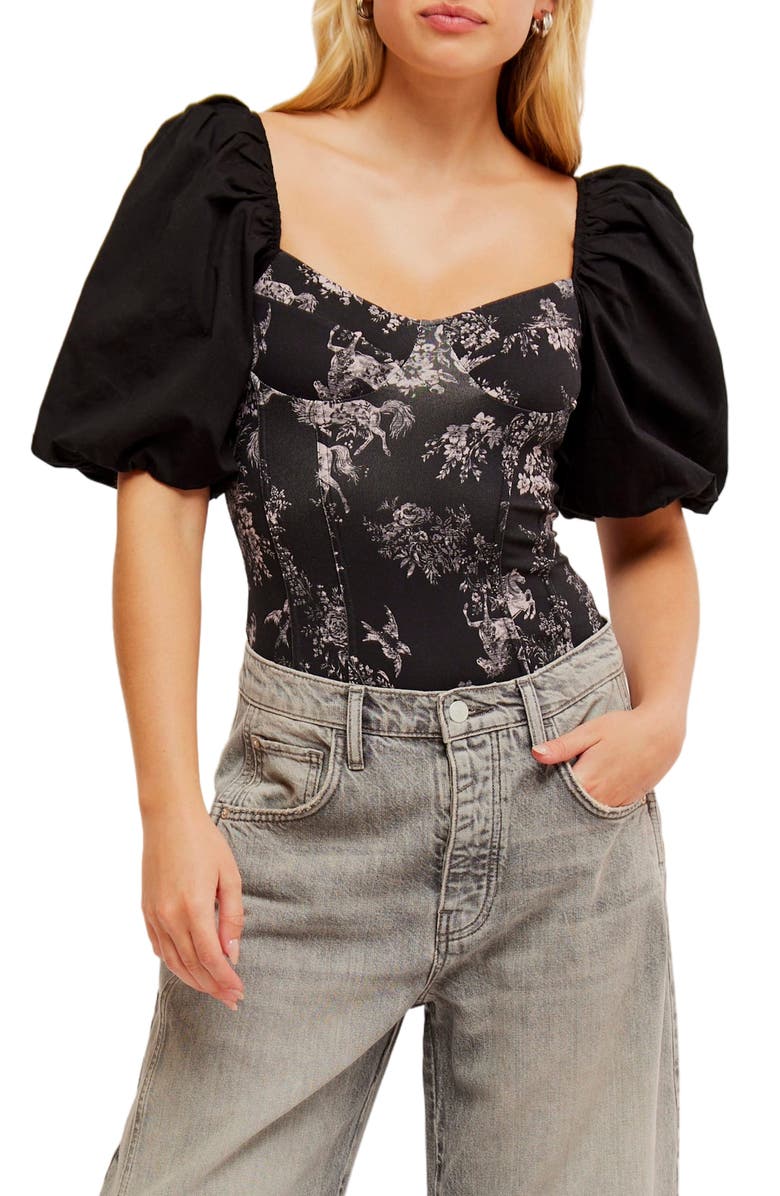 Free People Prarie Rose Puff Sleeve Bodysuit, Main, color, Black Combo