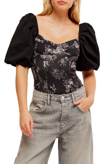 Free People Prarie Rose Puff Sleeve Bodysuit In Black Combo