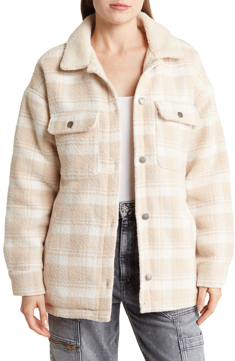 Roxy Passage of Time Plaid Shacket with Faux Shearling Collar, Main, color,