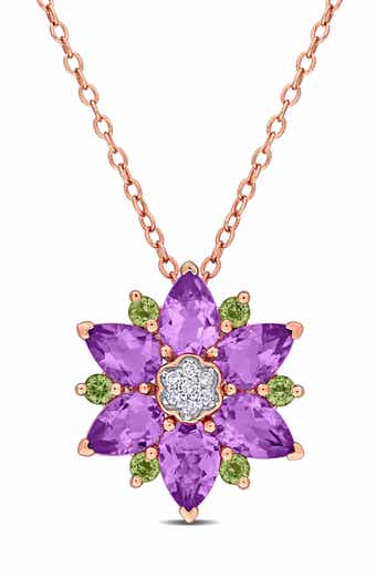 Amethyst Peridot & Diamond Floral Pendant Necklace