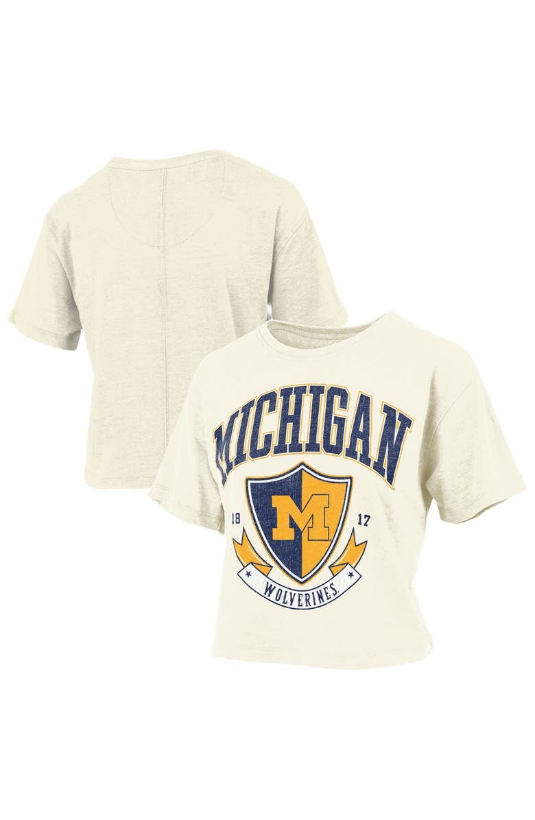 PRESSBOX Women's Pressbox Cream Michigan Wolverines Buckler Vintage Cropped T-Shirt, Alternate, color, Cream