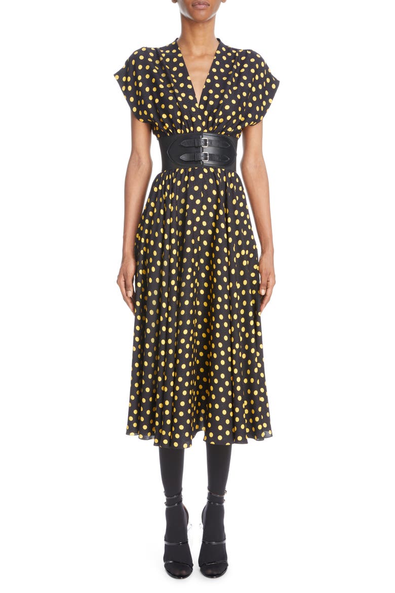 Belted Polka Dot Silk Crepe Midi Dress, Main, color, NUIT/ JAUNE
