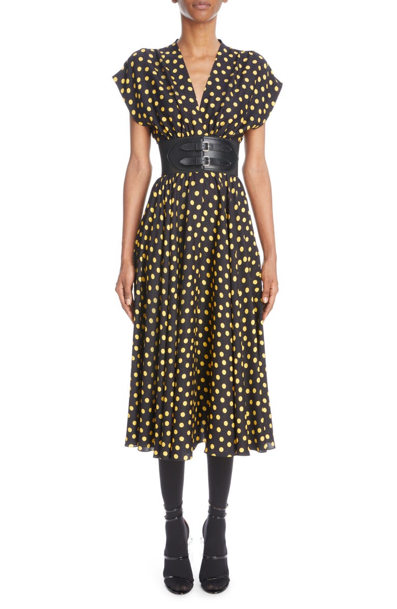 Alaïa Belted Polka Dot Silk Crepe Midi Dress, Main, color,