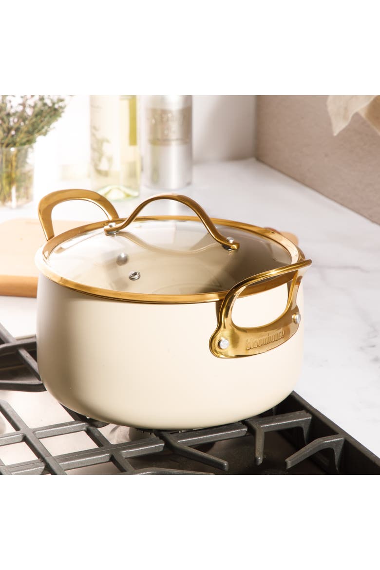 6 Quart Heavy Duty Aluminum Premium PFA Free Ceramic Nonstick Dutch Oven Pot with Lid, Alternate, color, Linen White with Gold Handle