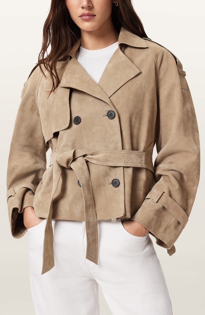 AllSaints Reed Suede Trench Jacket, Main, color, Taupe Brown