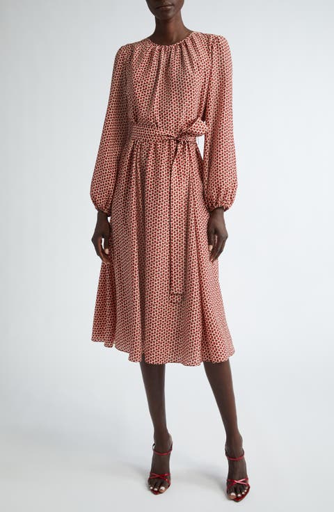 Ladybug Print Long Sleeve Belted Dress