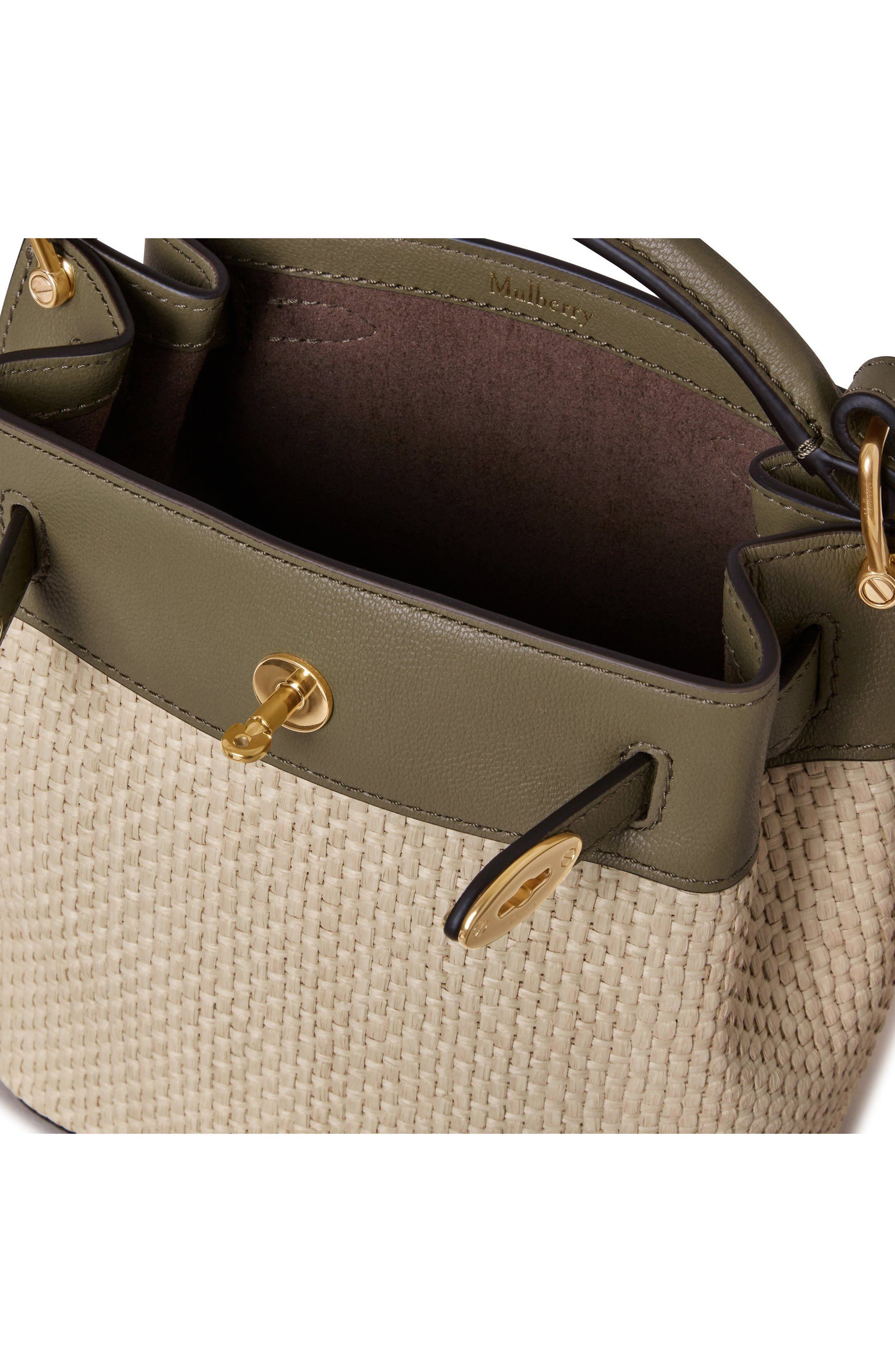 Mulberry Mini Islington Woven Raffia & Leather Bucket Bag, Alternate, color, Linen Green/ Natural