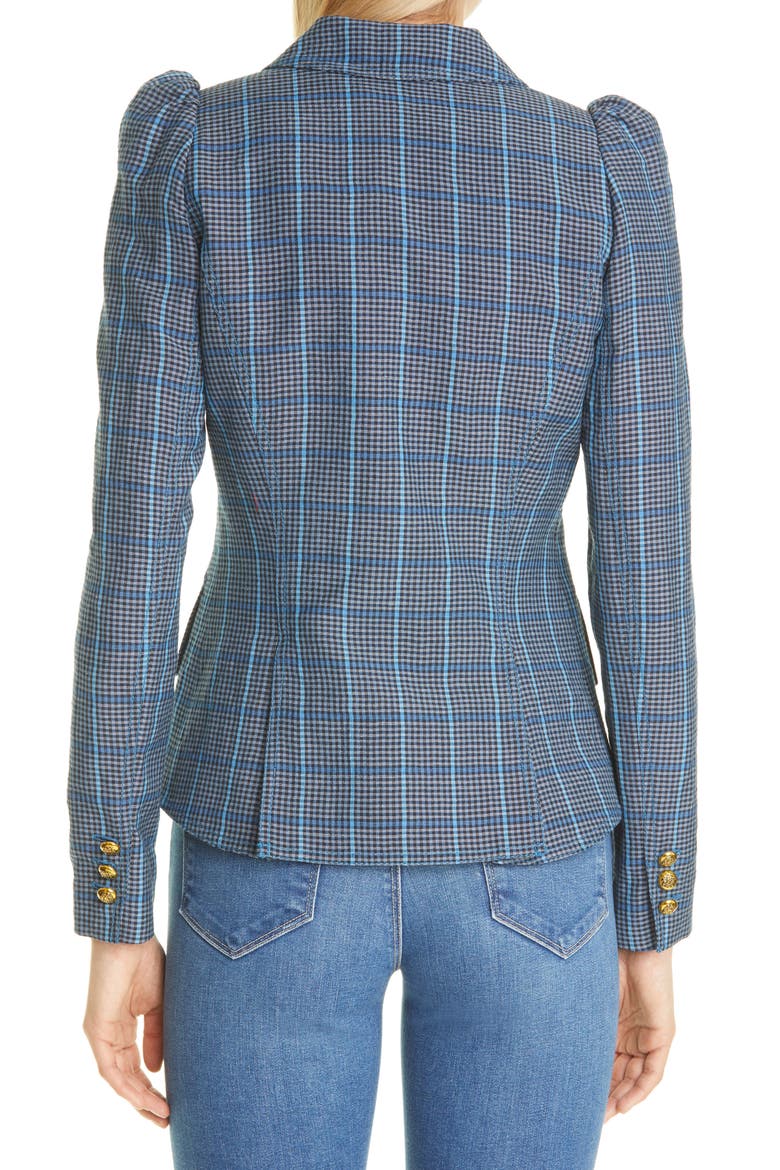 Plaid Puff Sleeve Wool & Linen Blazer, Alternate, color, BLUE GLEN CHECK