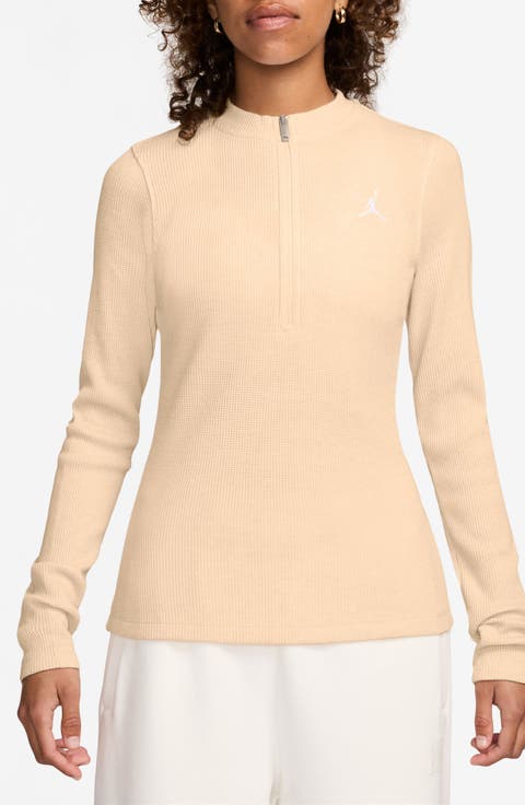 Waffle Texture Long Sleeve Half Zip Top