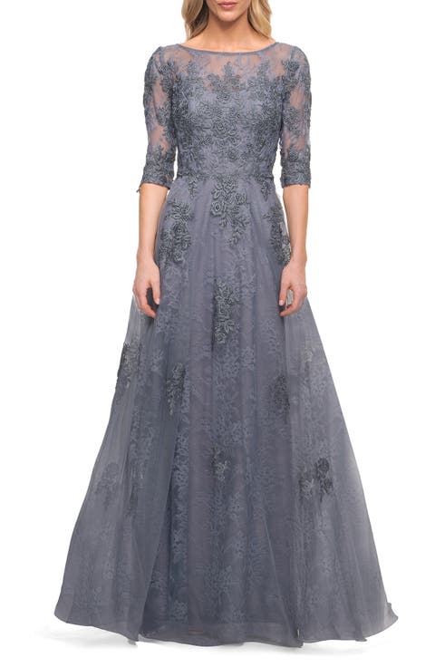 Lace and Tulle A-line Gown with Three Quarter Sleeves