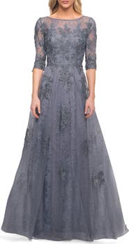 La Femme Lace and Tulle A-line Gown with Three Quarter Sleeves